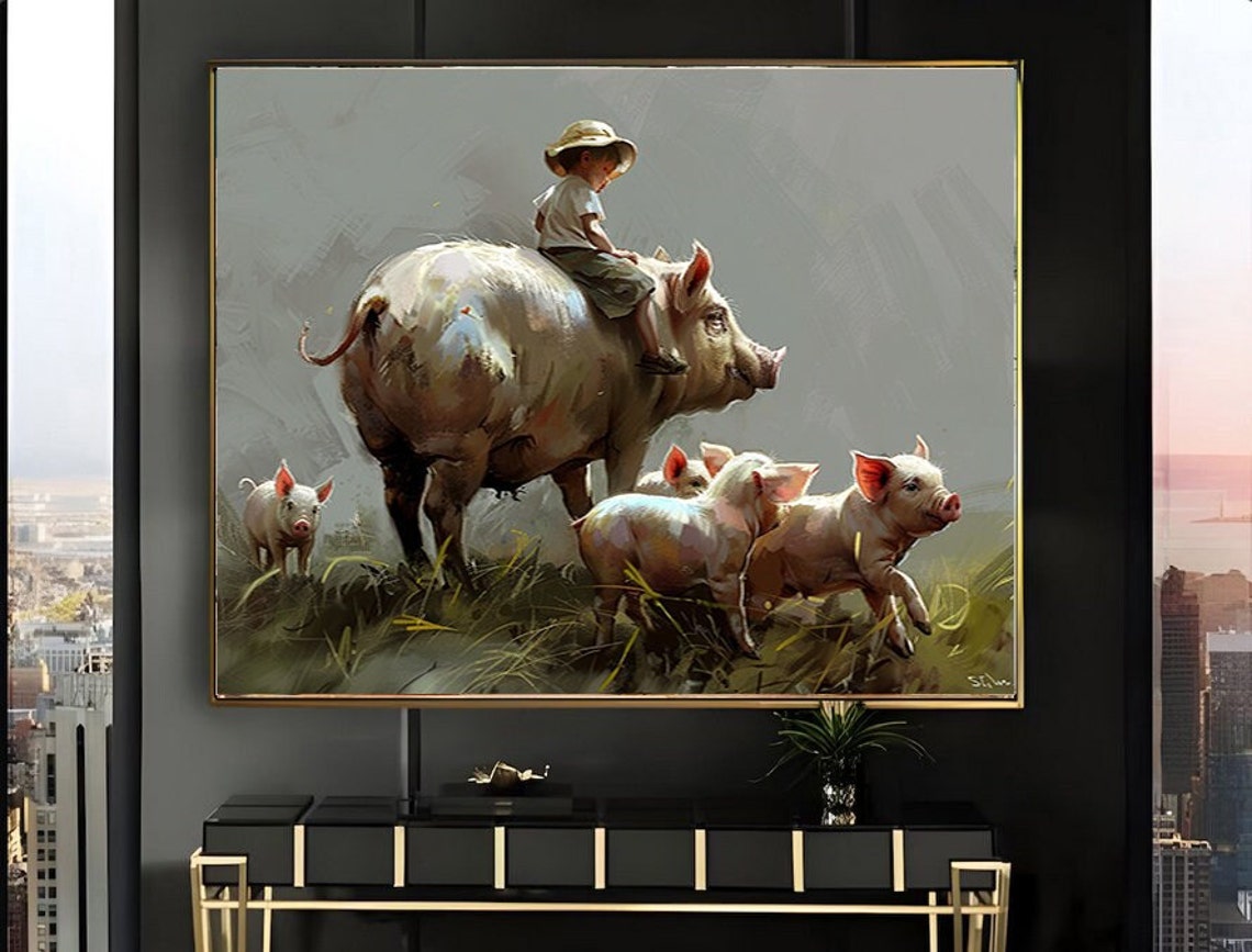 Boy Riding a Sow with Playful Piglets in Green Pasture Poster