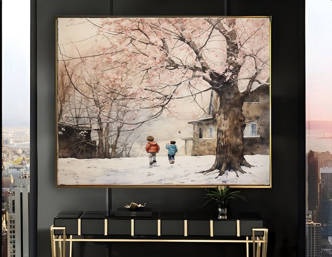 Children Walking in Snow Beneath Blossom Trees Watercolor Poster