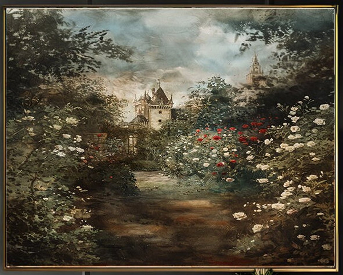Wooded Garden Path Leading to Distant Tower Misty Roses Poster - Image 2