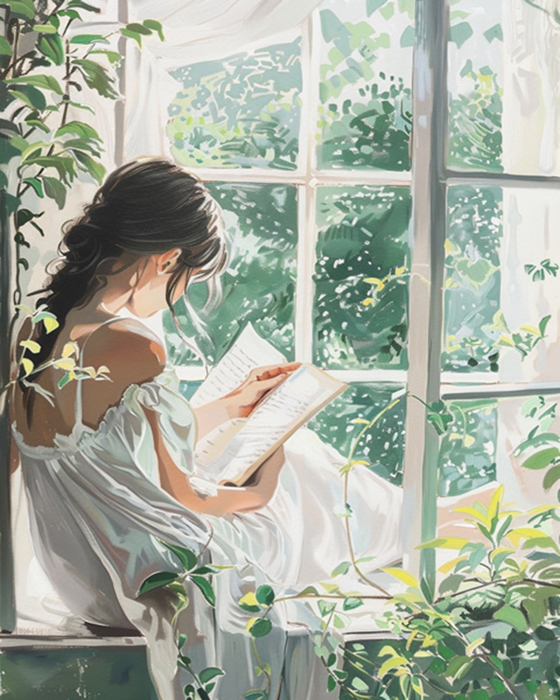 Woman Reading by a Window Surrounded by Greenery Vintage Art Poster - Image 2