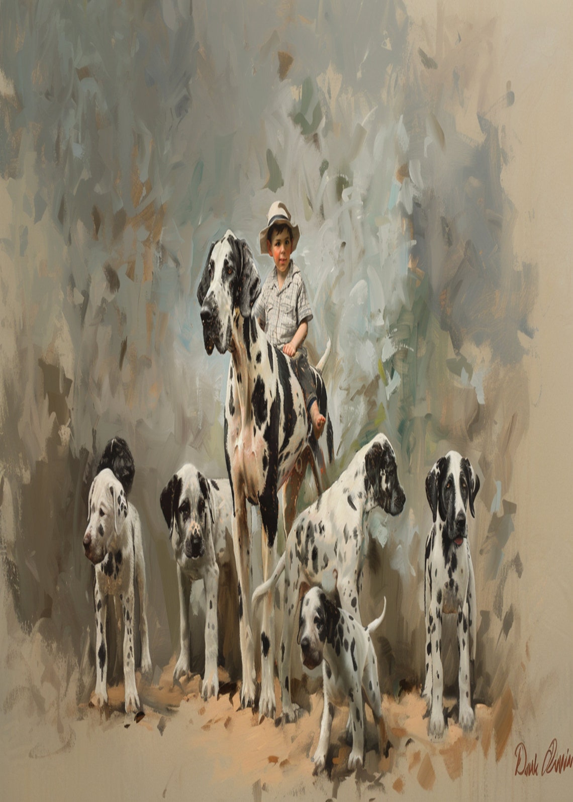 Boy Riding a Harlequin Great Dane with Dalmatian Pack Poster - Image 3