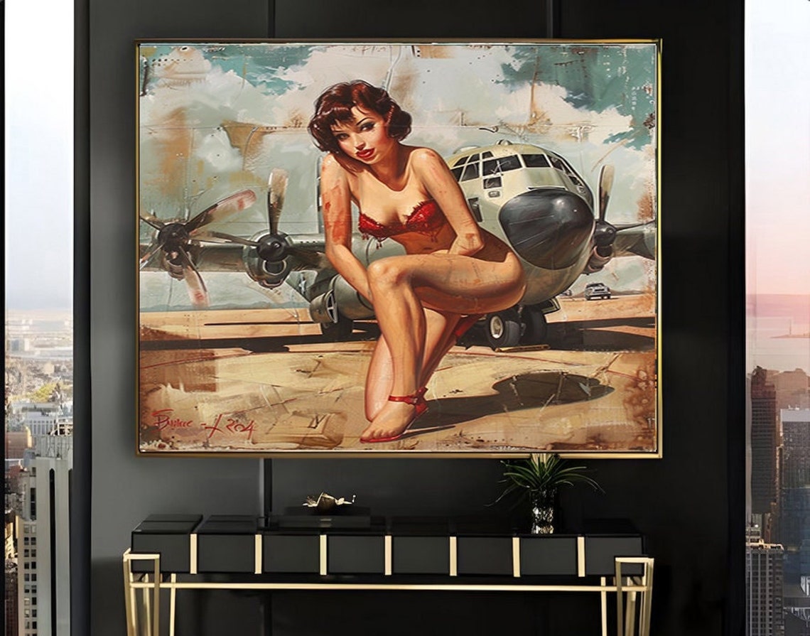 1950s Pinup Girl Vintage Painting Pin Up Girl Art Print Military Pinup Poster Art L Oil Panting L 5 Sizes Available L 008