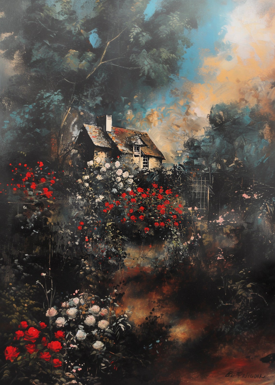 Moody Twilight Cottage Rose Garden Under Dramatic Cloudy Sky Poster - Image 3