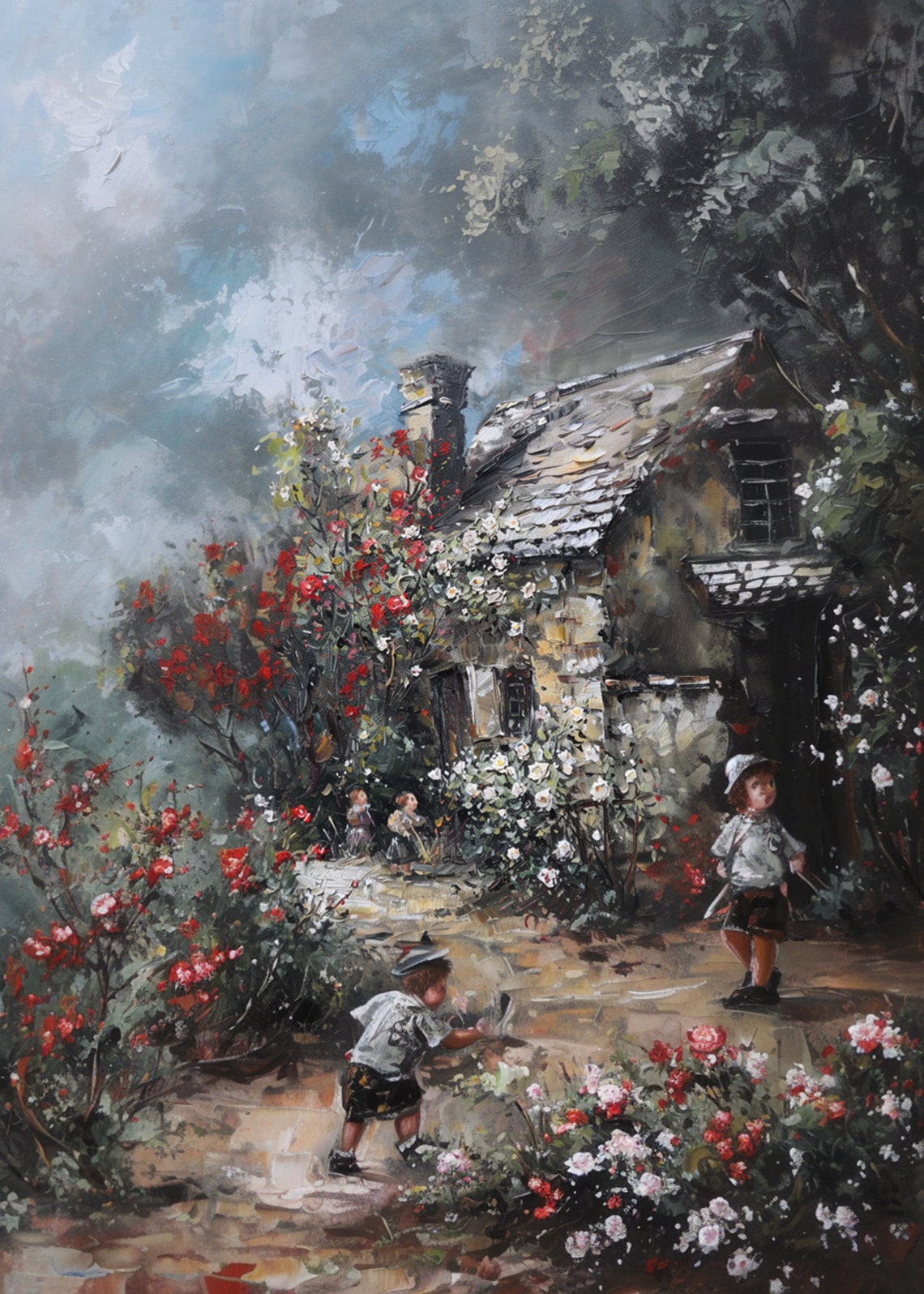 Two Boys Playing in Rustic Cottage Garden Red Roses Cloudy Poster - Image 3