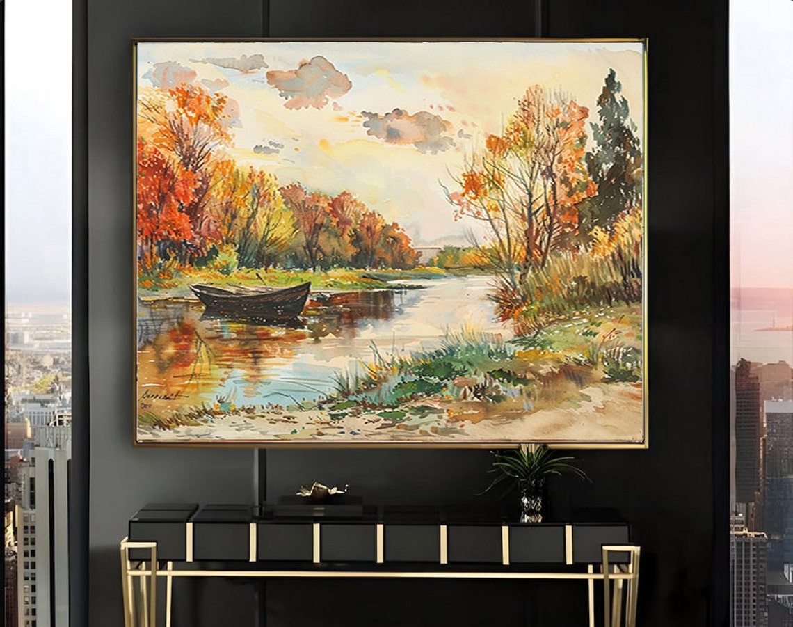 Vibrant Autumn River with Rowboat Watercolor Painting Poster