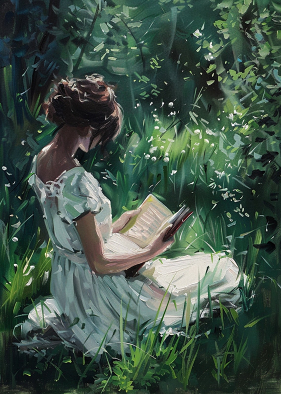 Woman Reading Alone in a Green Meadow Vintage Oil Painting Poster - Image 2