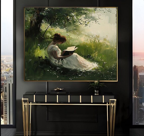 Woman Reading in a Sunlit Meadow Vintage Oil Painting Poster