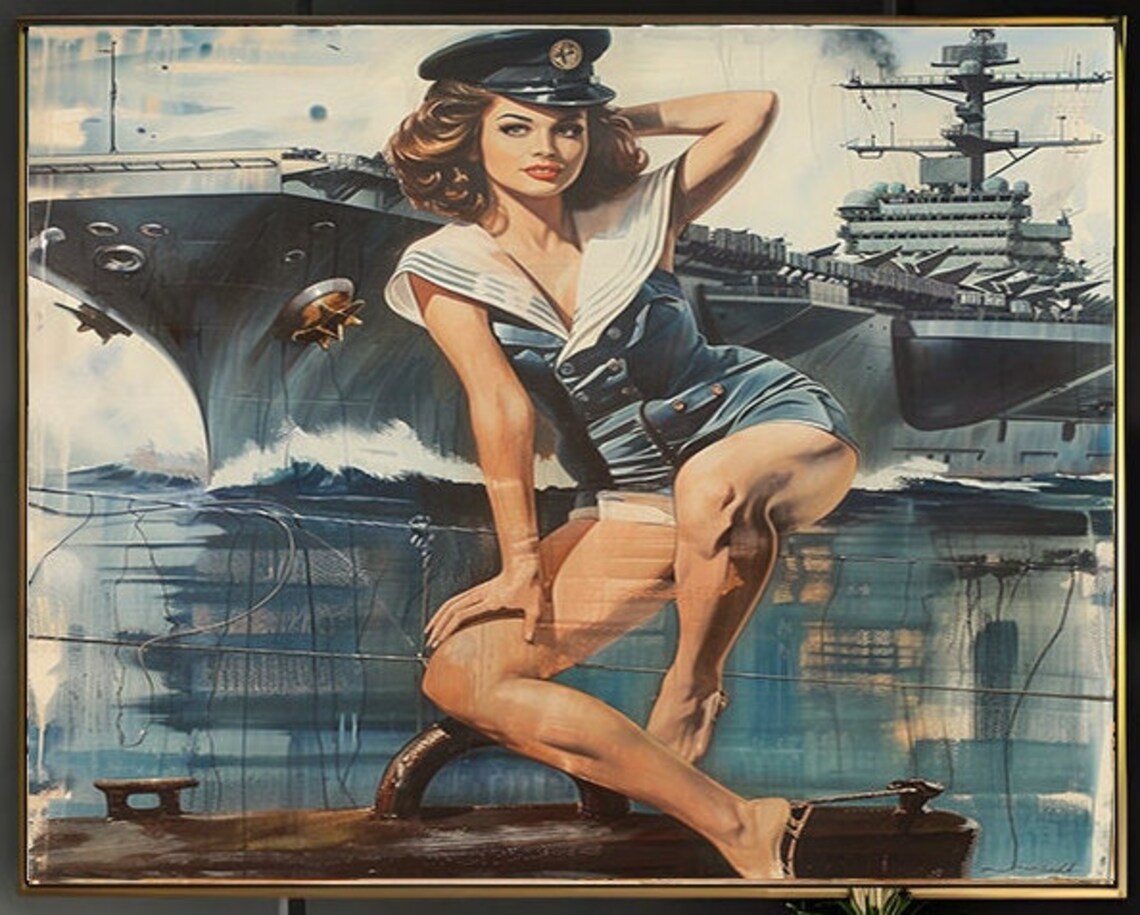 Sailor Pinup Girl with Aircraft Carrier Vintage Style Poster - Image 2