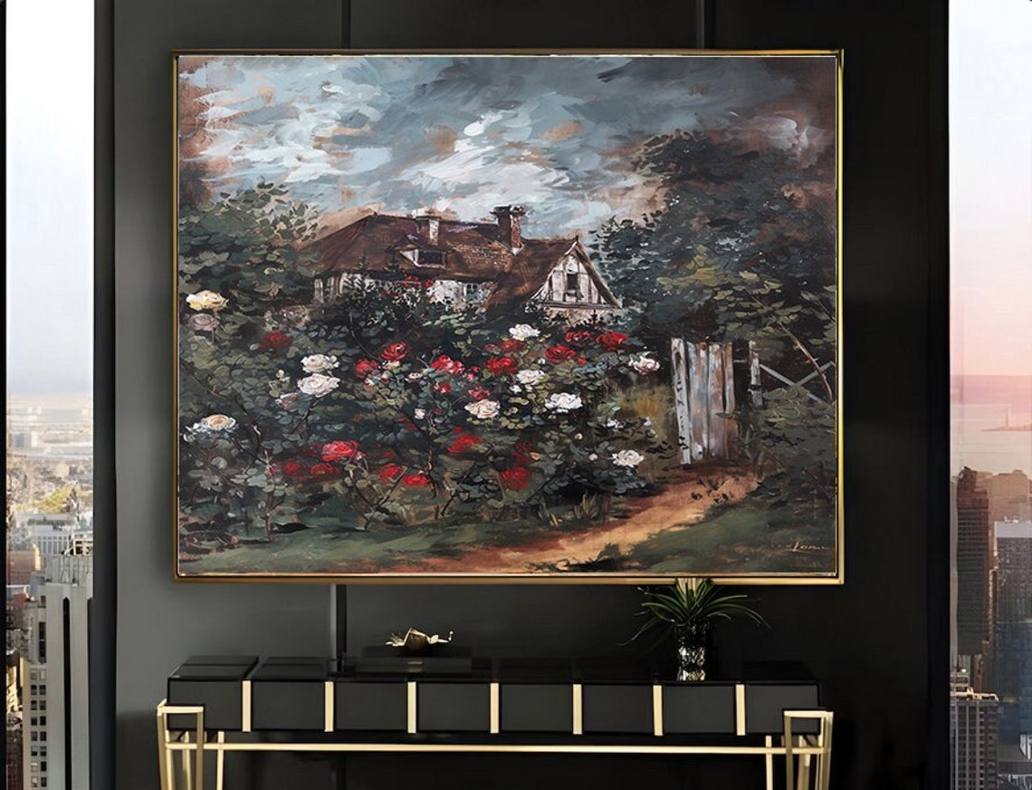 Brown Roof Cottage Red White Roses White Gate Dramatic Sky Poster