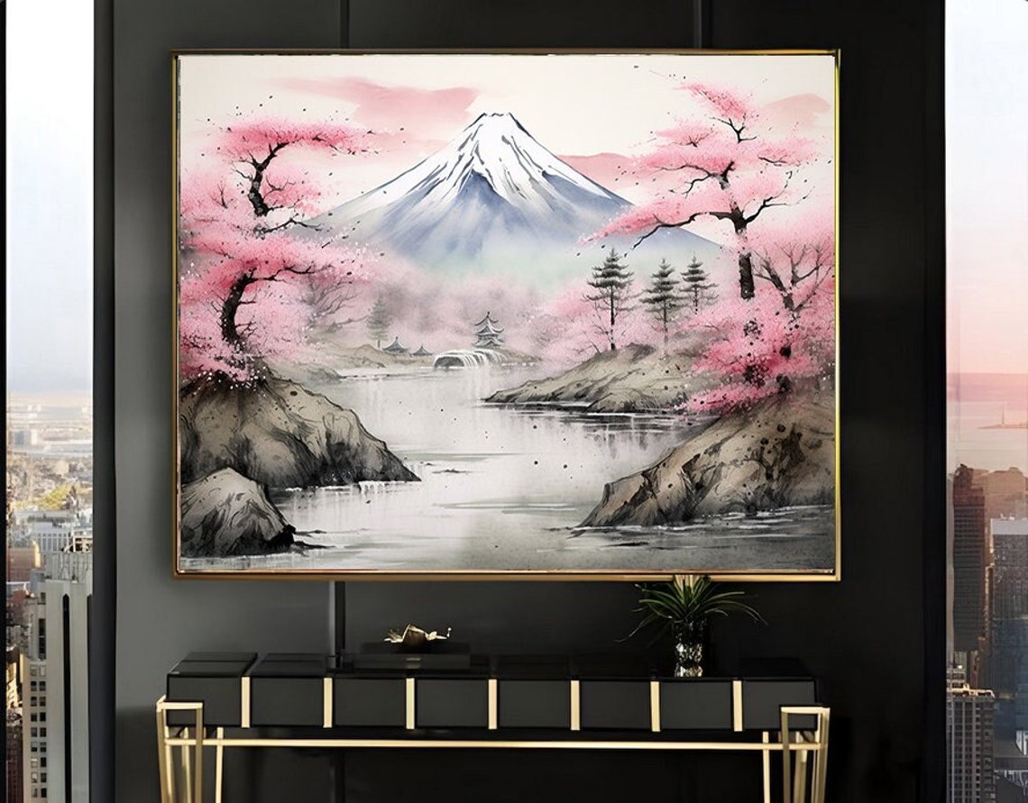 Mount Fuji with Cherry Blossoms Ink Watercolor Landscape Poster