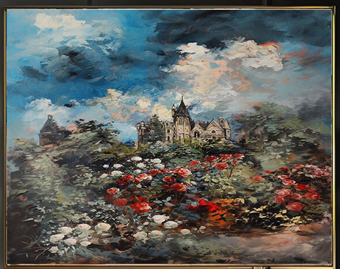 Hilltop Castle Among Red White Roses Dramatic Blue Sky Poster - Image 2