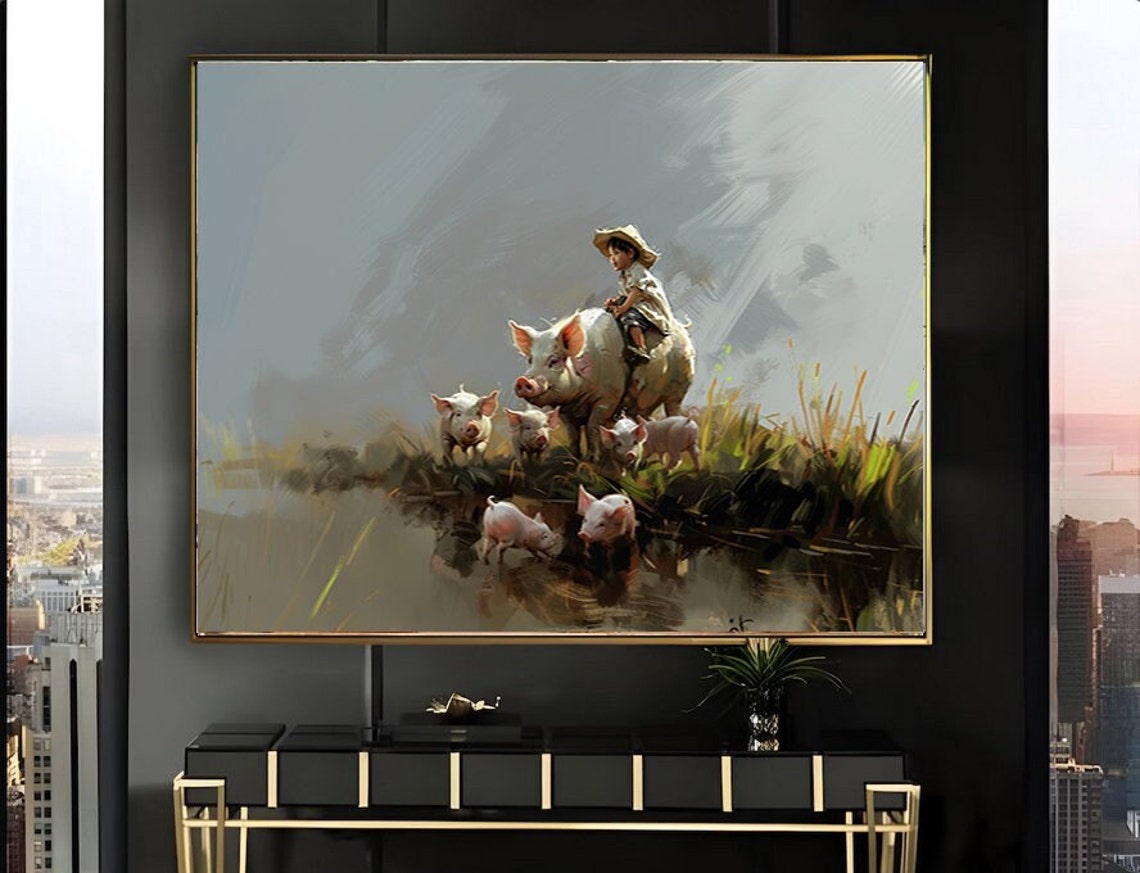 Boy Riding a Pig at the Water Edge with Piglets Painting Poster