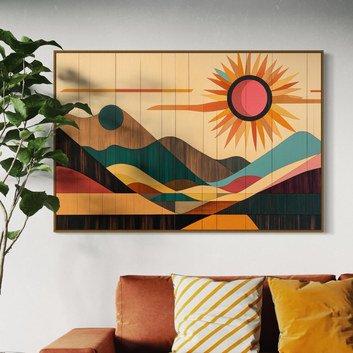 Mid Century Modern Sunburst Desert Mountains Geometric Wall Art Print