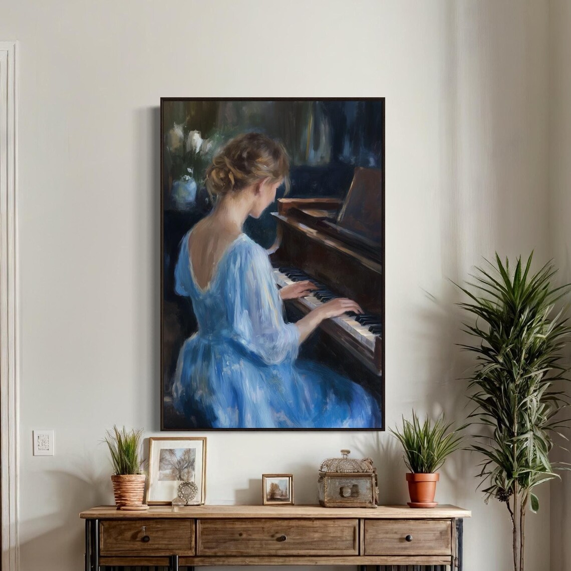 Elegant Woman Playing Grand Piano Flowing Blue Dress Music Poster