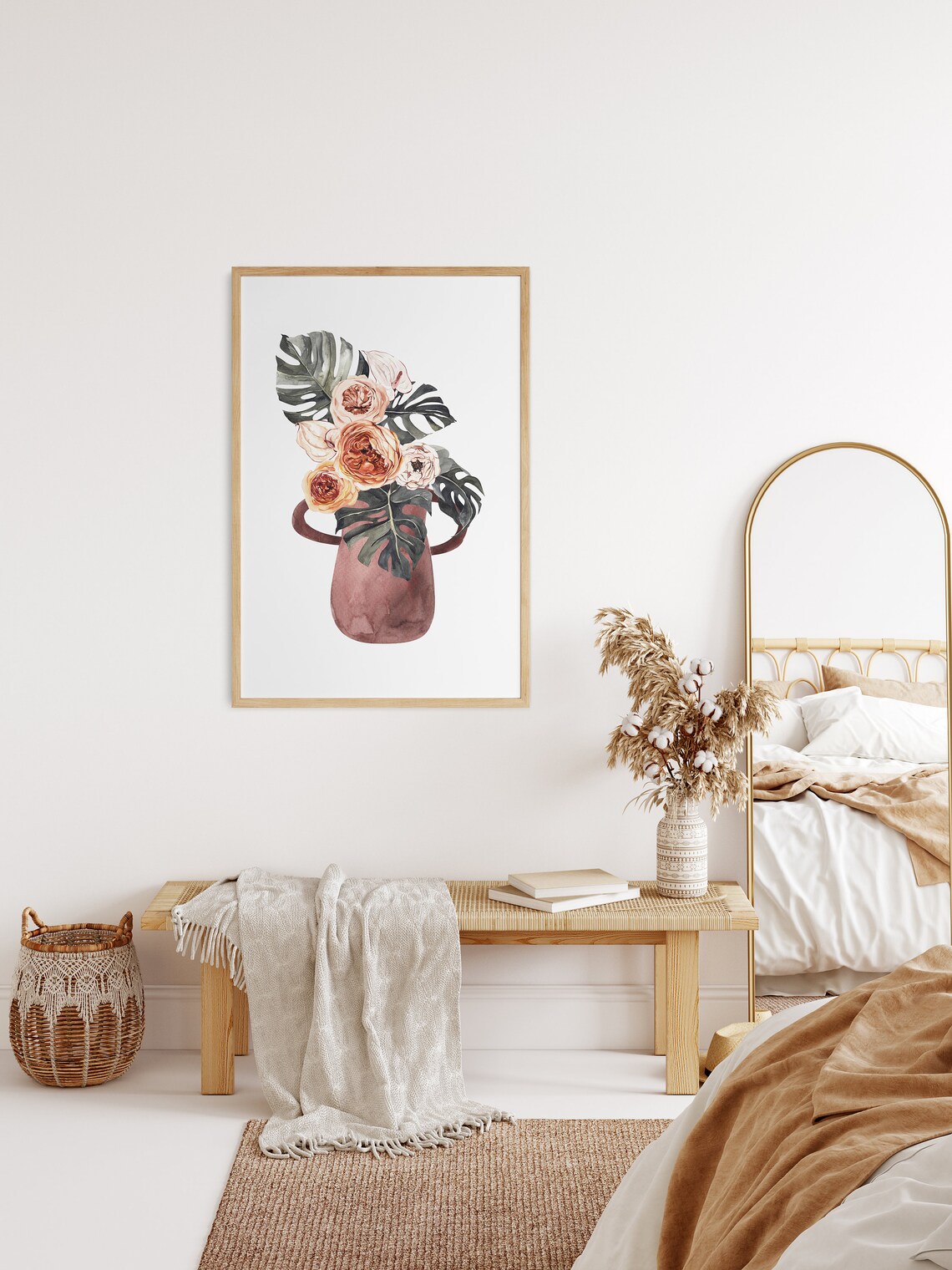 Watercolor Blush Roses And Monstera In Terracotta Vase Poster - Image 2