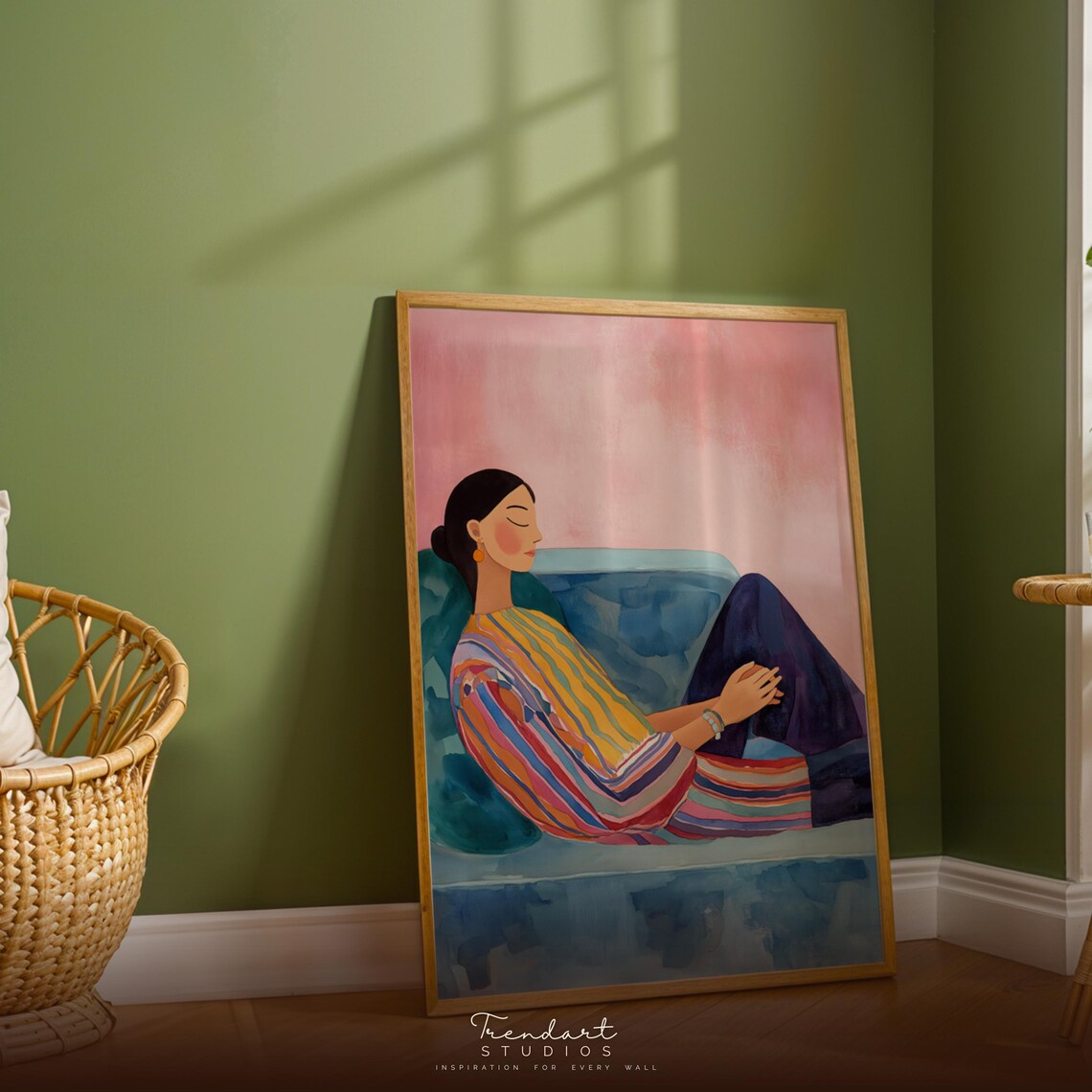 Peaceful Woman Resting on Blue Sofa Soft Watercolor Art Poster