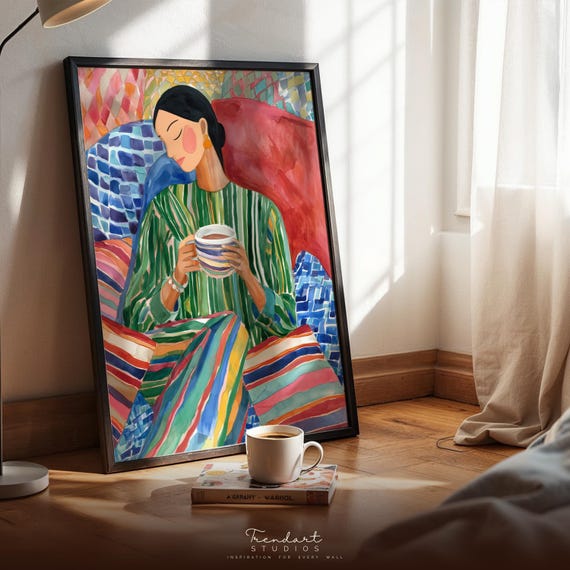 Colorful Wall Art Woman With Coffee Maximalist Boho Print Da00068