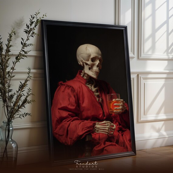 Bar Cart Wall Art Old Fashioned Cocktail Dark Academia Skeleton Decor Da00055