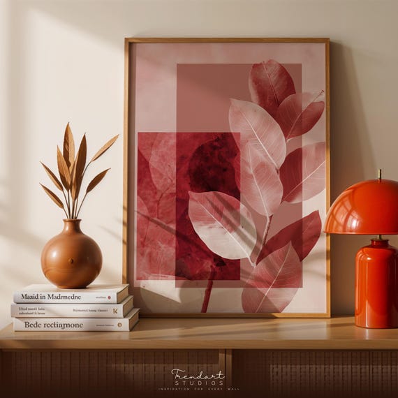 Burgundy Wall Art Minimalist Botanical Print Red Abstract Modern Japandi Fall Decor Da00027