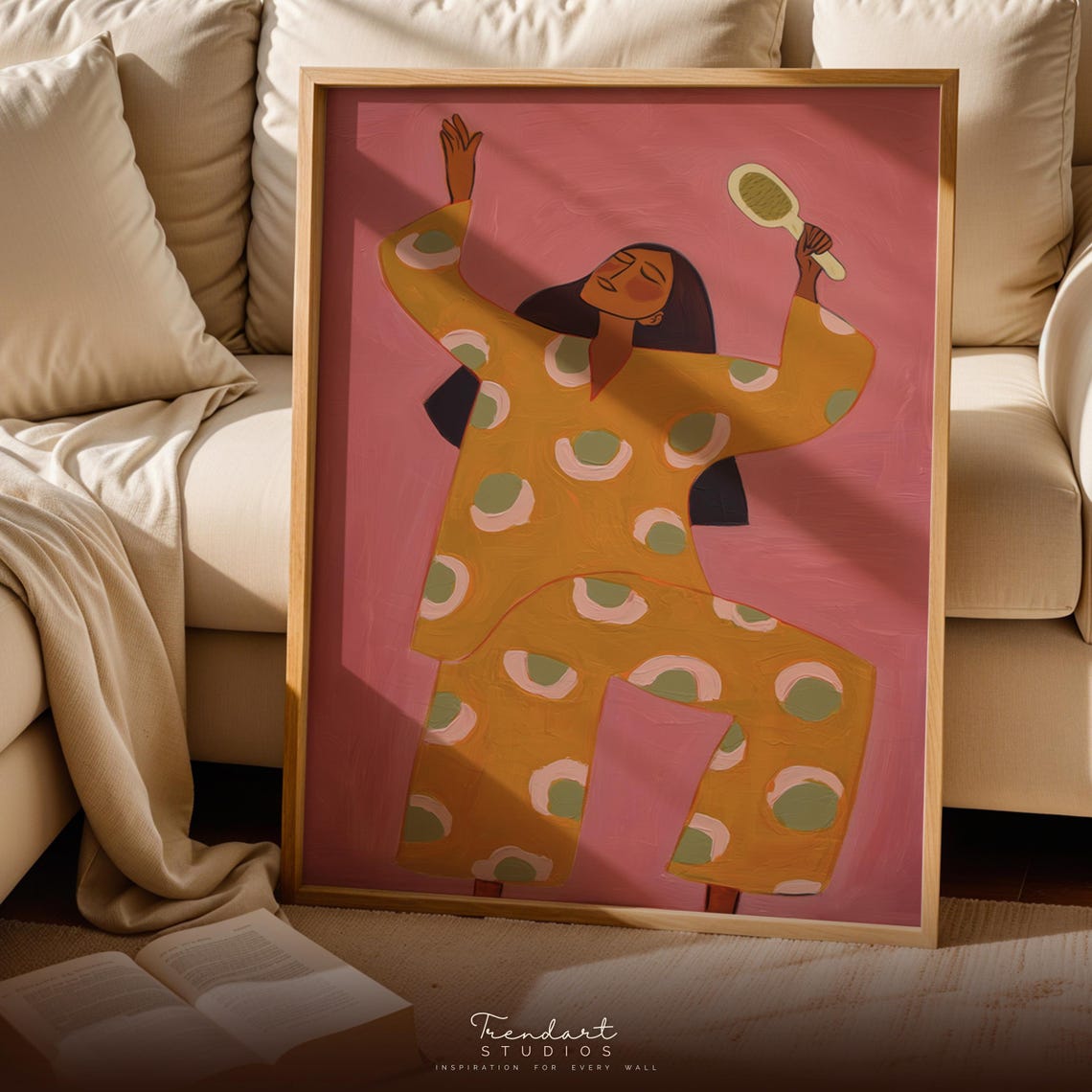 Joyful Woman Dancing with Hand Mirror Pink Pop Art Fine Art Poster