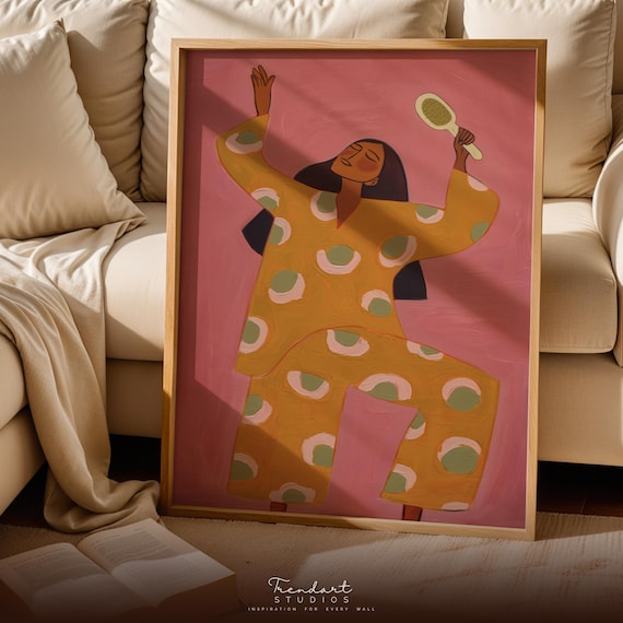 Colorful Wall Art Funky Dancing Girl Print Pink And Yellow Decor Da00069
