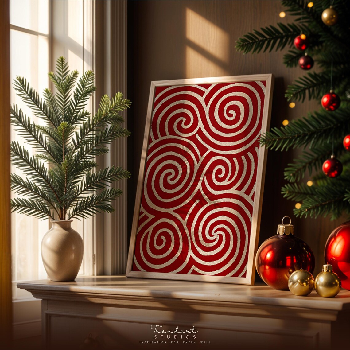 Red And White Spiral Swirl Scandinavian Folk Christmas Art Poster
