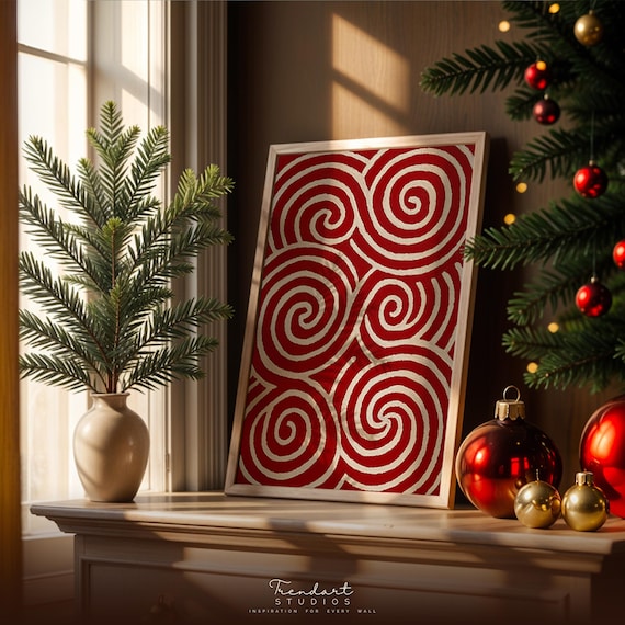 Red And White Spiral Swirl Scandinavian Folk Christmas Art Poster