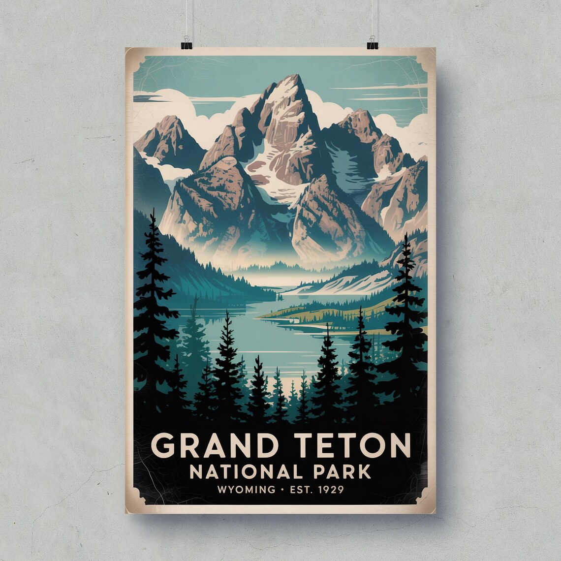 Grand Teton National Park Wyoming Mountain Lake Vintage Travel Poster