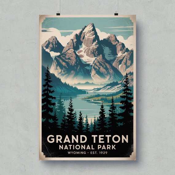 Grand Teton National Park Wyoming Mountain Lake Vintage Travel Poster