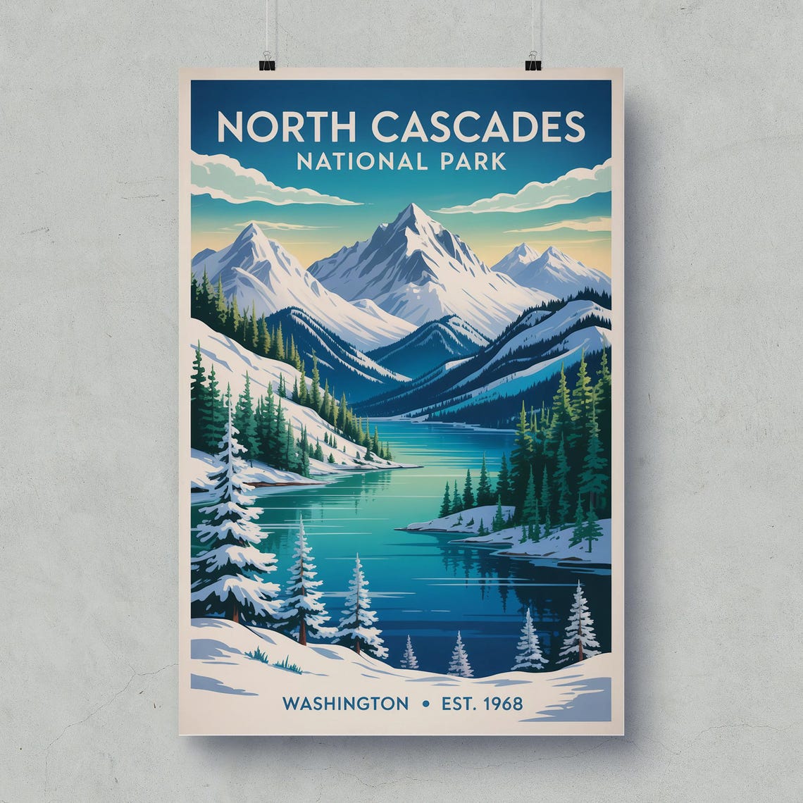 North Cascades National Park Washington Retro Snowy Lake Travel Poster