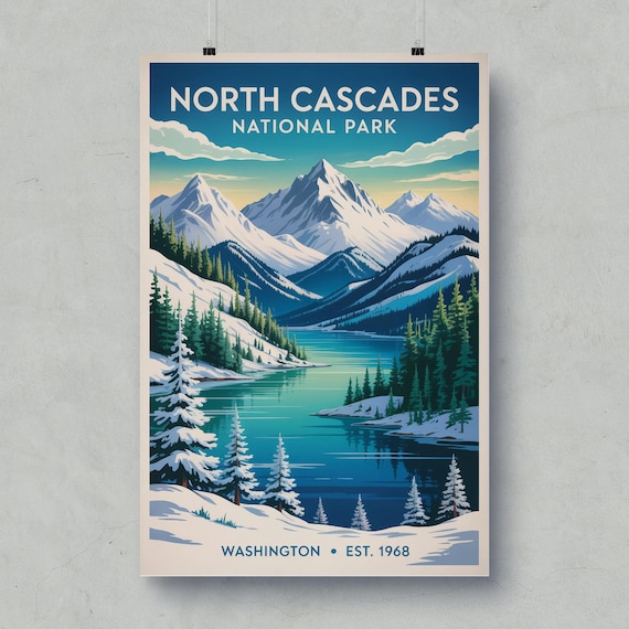North Cascades National Park Washington Retro Snowy Lake Travel Poster