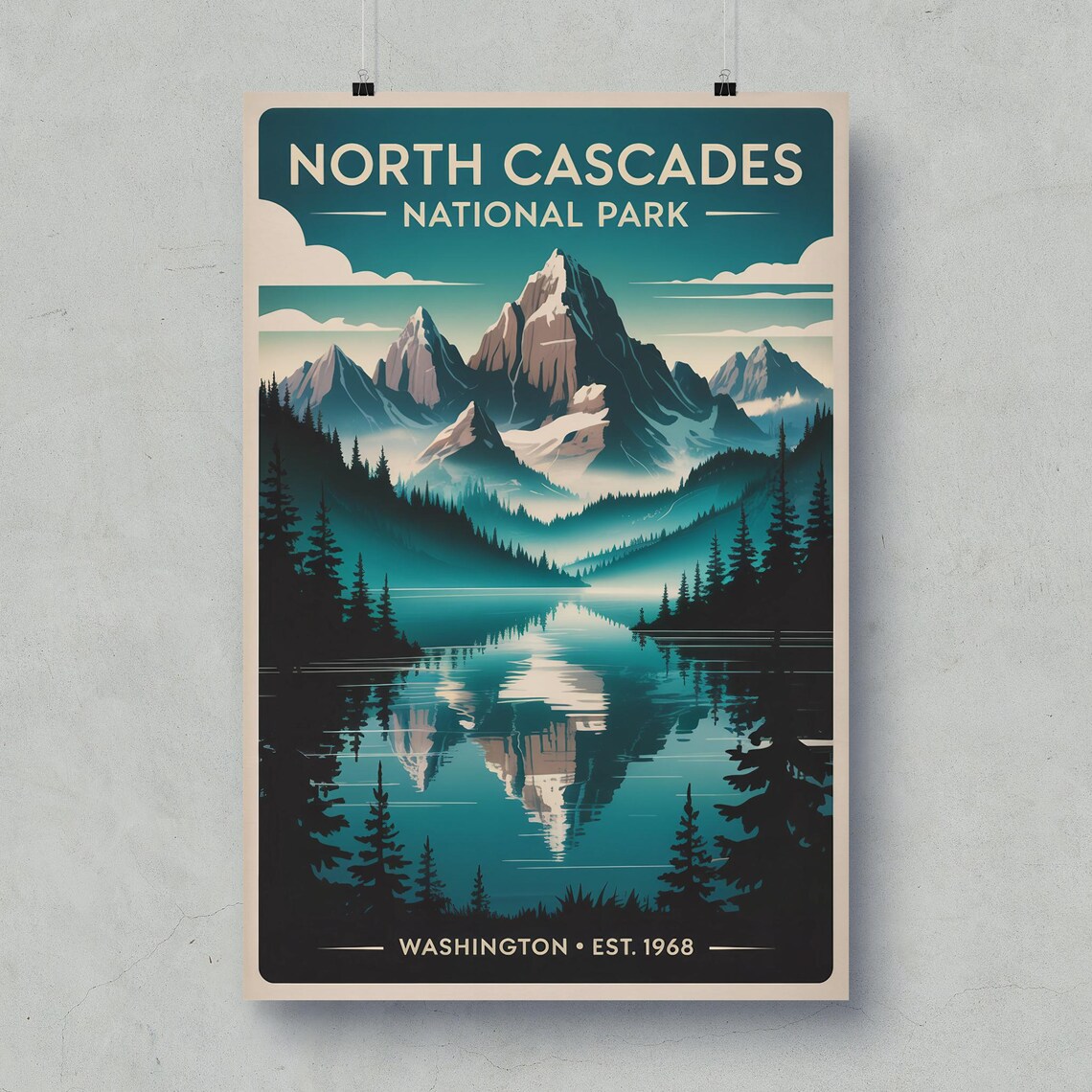 North Cascades National Park Vintage Washington Mountain Travel Poster