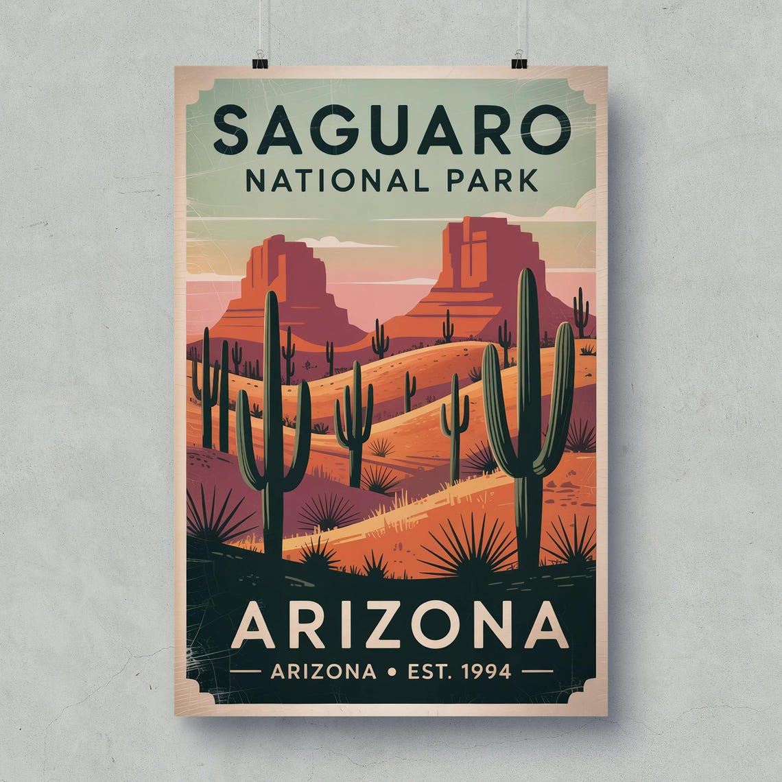 Saguaro Arizona National Park Desert Cactus Sunset Vintage Poster