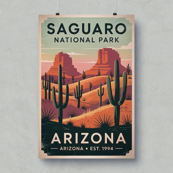 Saguaro Arizona National Park Desert Cactus Sunset Vintage Poster