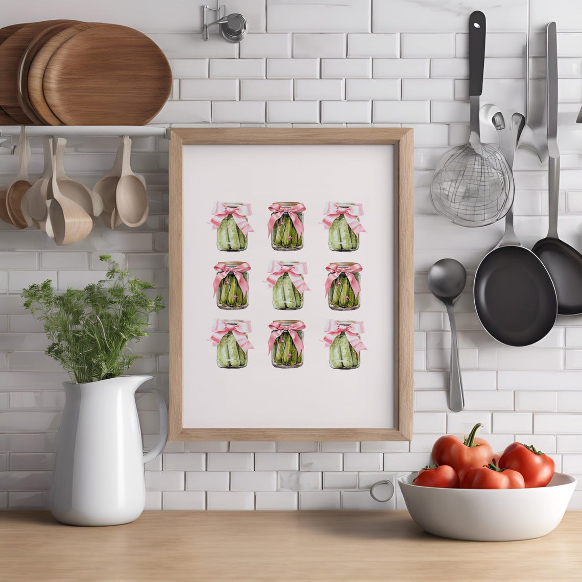 Coquette Pickle Jars Pink Bows Watercolor Pink Kitchen Wall Art - Image 2