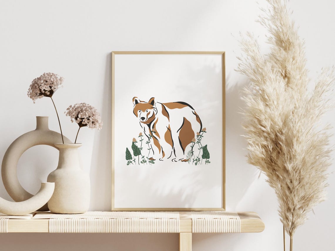 Bohemian Brown Bear Botanical Clover Meadow Forest Wildlife Poster - Image 3