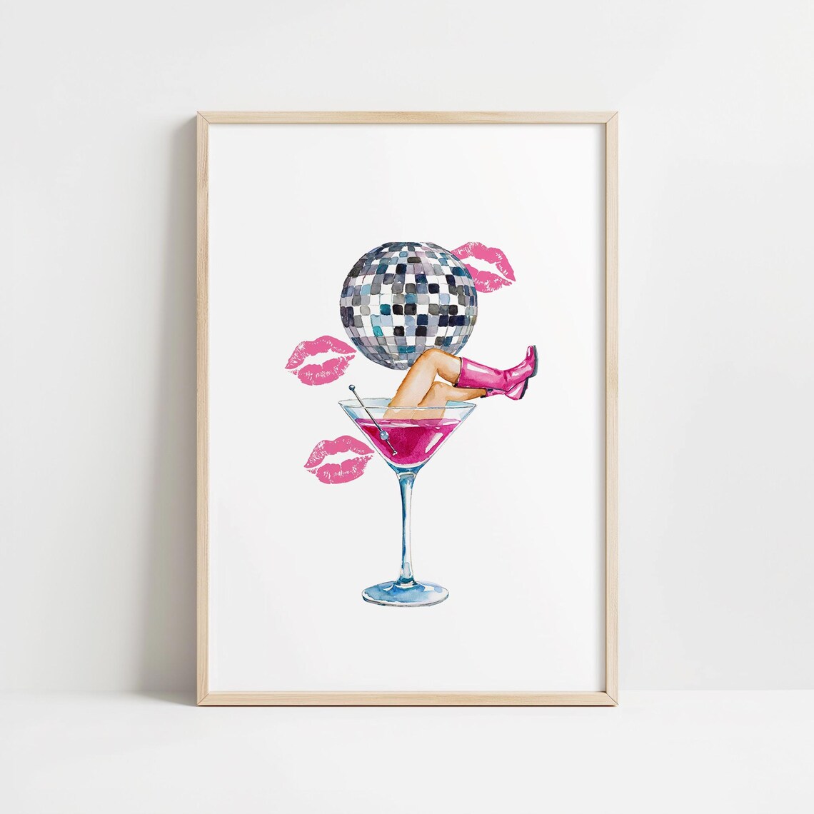 Pink Disco Martini Watercolor Party Cocktail Glass Boots Kisses Poster