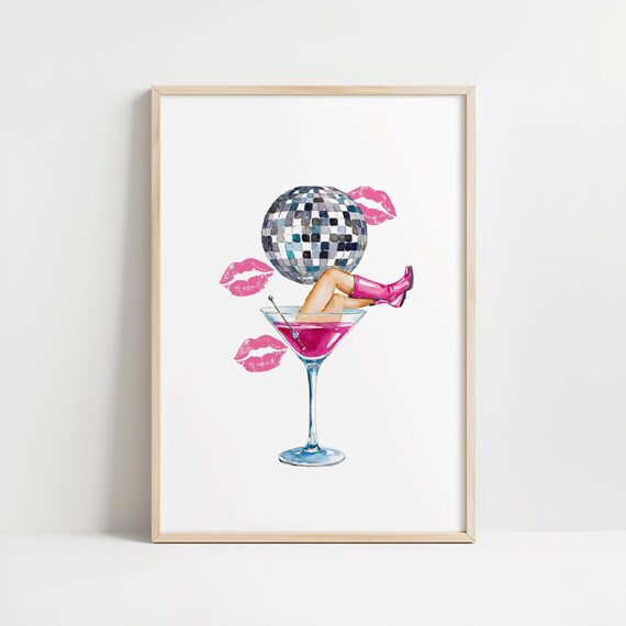 Pink Disco Martini Watercolor Party Cocktail Glass Boots Kisses Poster