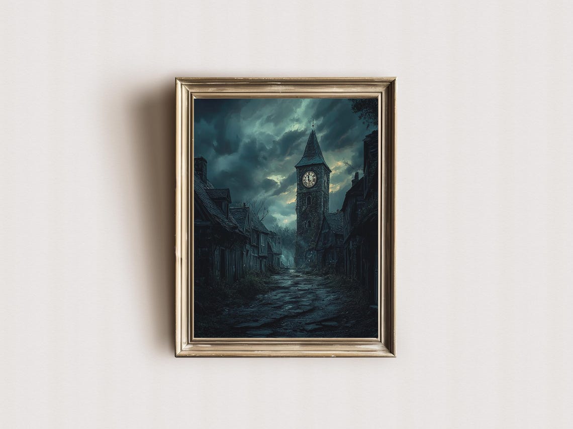 Abandoned Old Town Clock Tower Gothic Night Street Scene Poster - Image 3