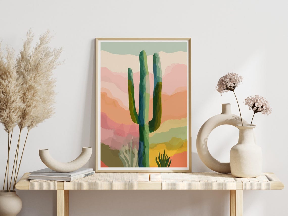 Tall Saguaro Cactus Pink Desert Hills Watercolor Style Poster - Image 2