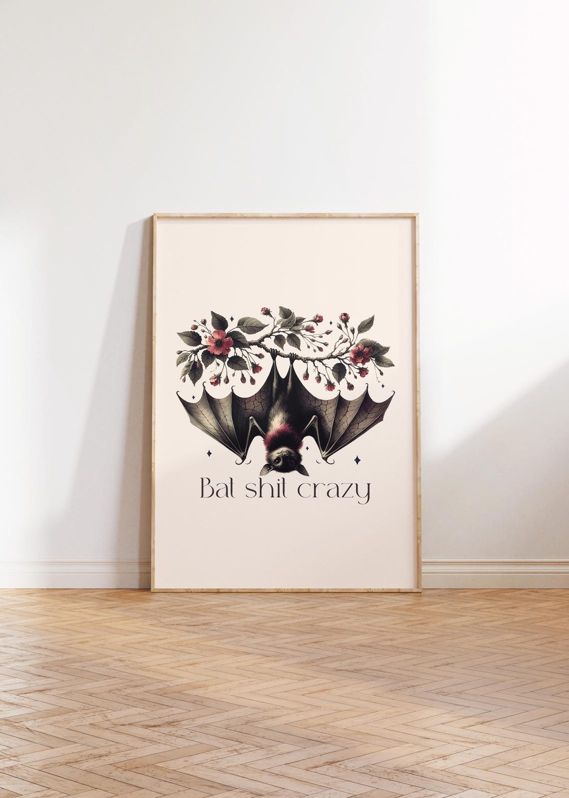 Bat Shit Crazy Funny Upside Down Bat Floral Branch Halloween Poster - Image 2