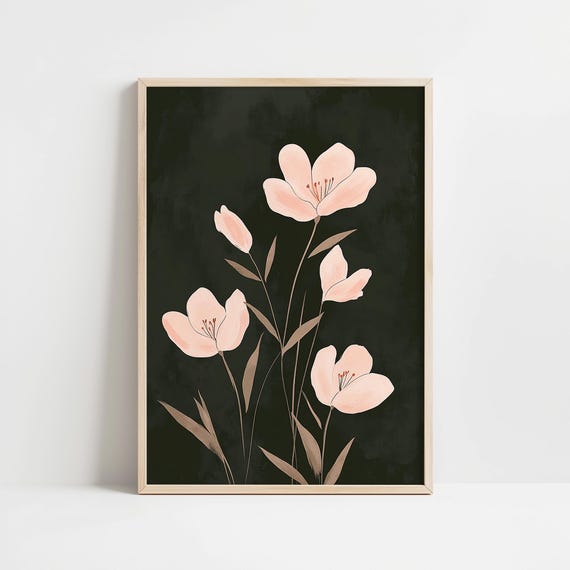 Moody Floral Painting Light Pink And Olive Green Botanical Wall Art Print Minimalist Floral Wall Art Poster