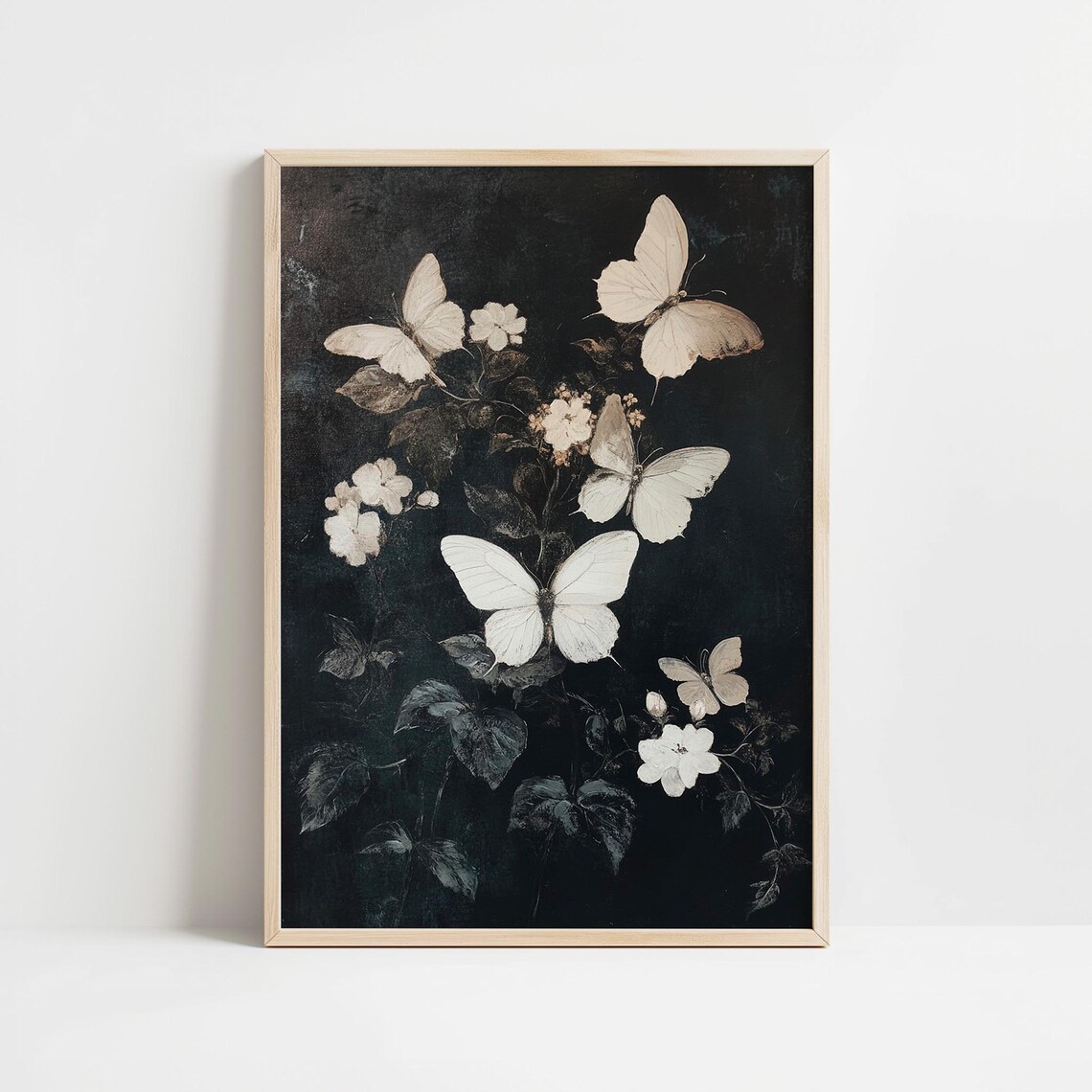White Butterflies Dark Moody Botanical Oil Painting Art Print