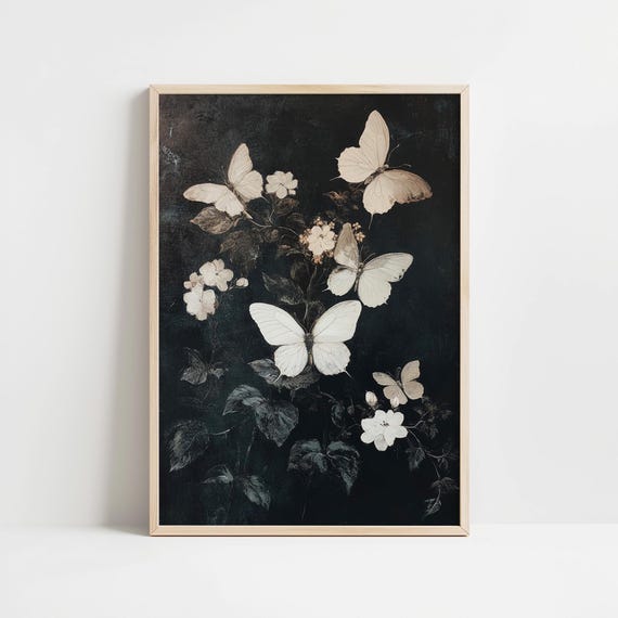 Whimsical Butterflies Moody Dark Academia Wall Art Painting Whimsigoth Botanical Oil Painting Vintage Cottagecore Decor Maximalist Print