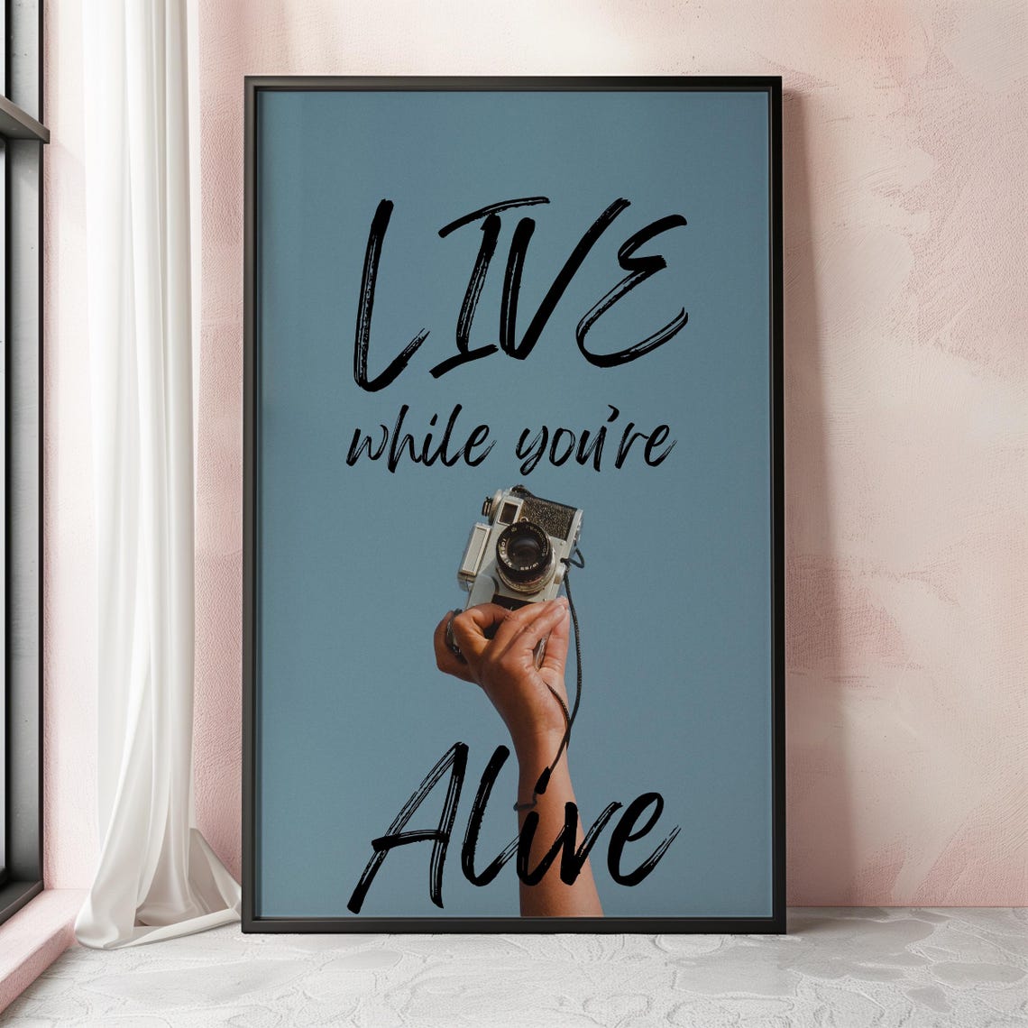 Live While You Are Alive Vintage Camera Motivational Typography Poster - Image 2