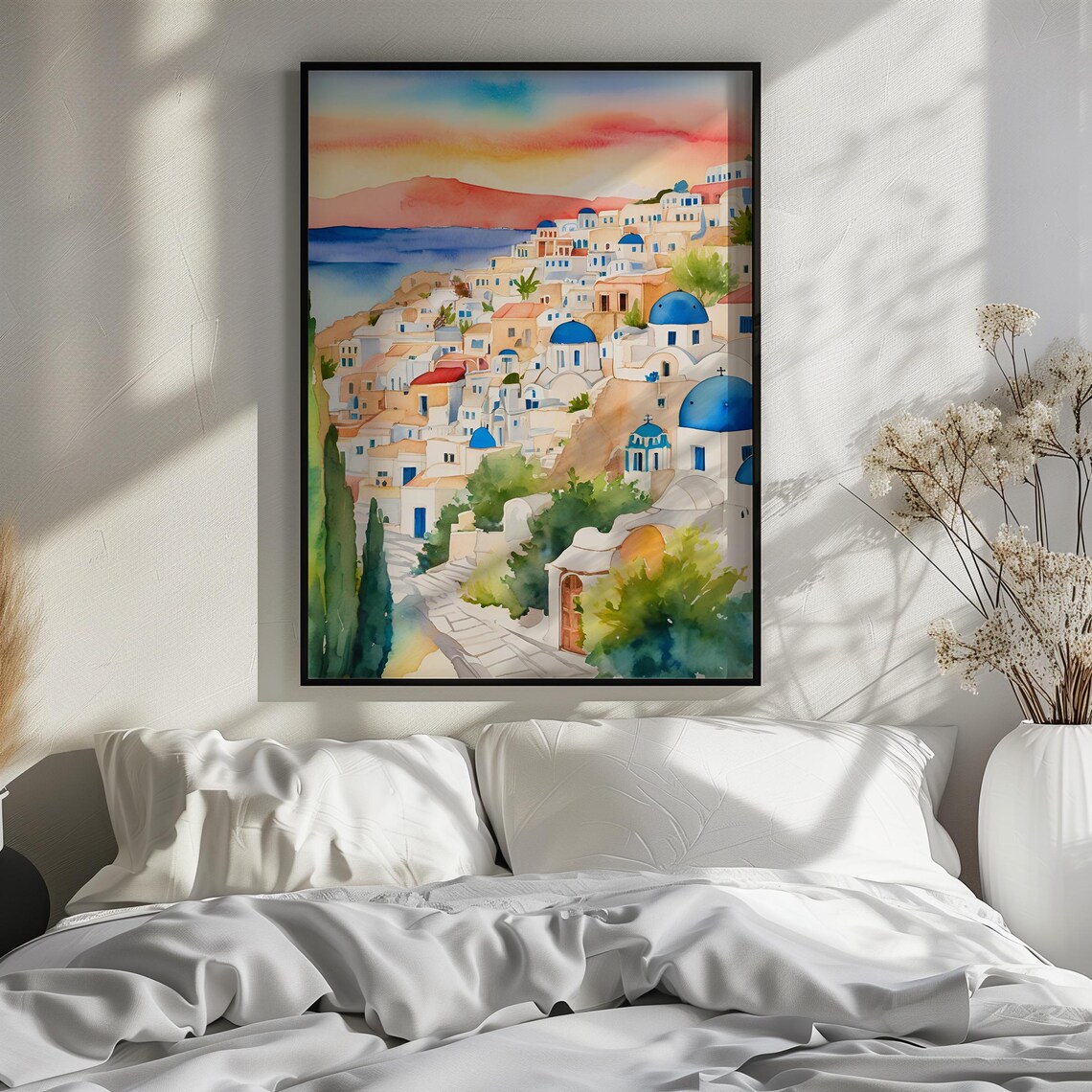 Santorini Blue Domed Churches Sunset Watercolor Greece Art Print - Image 3