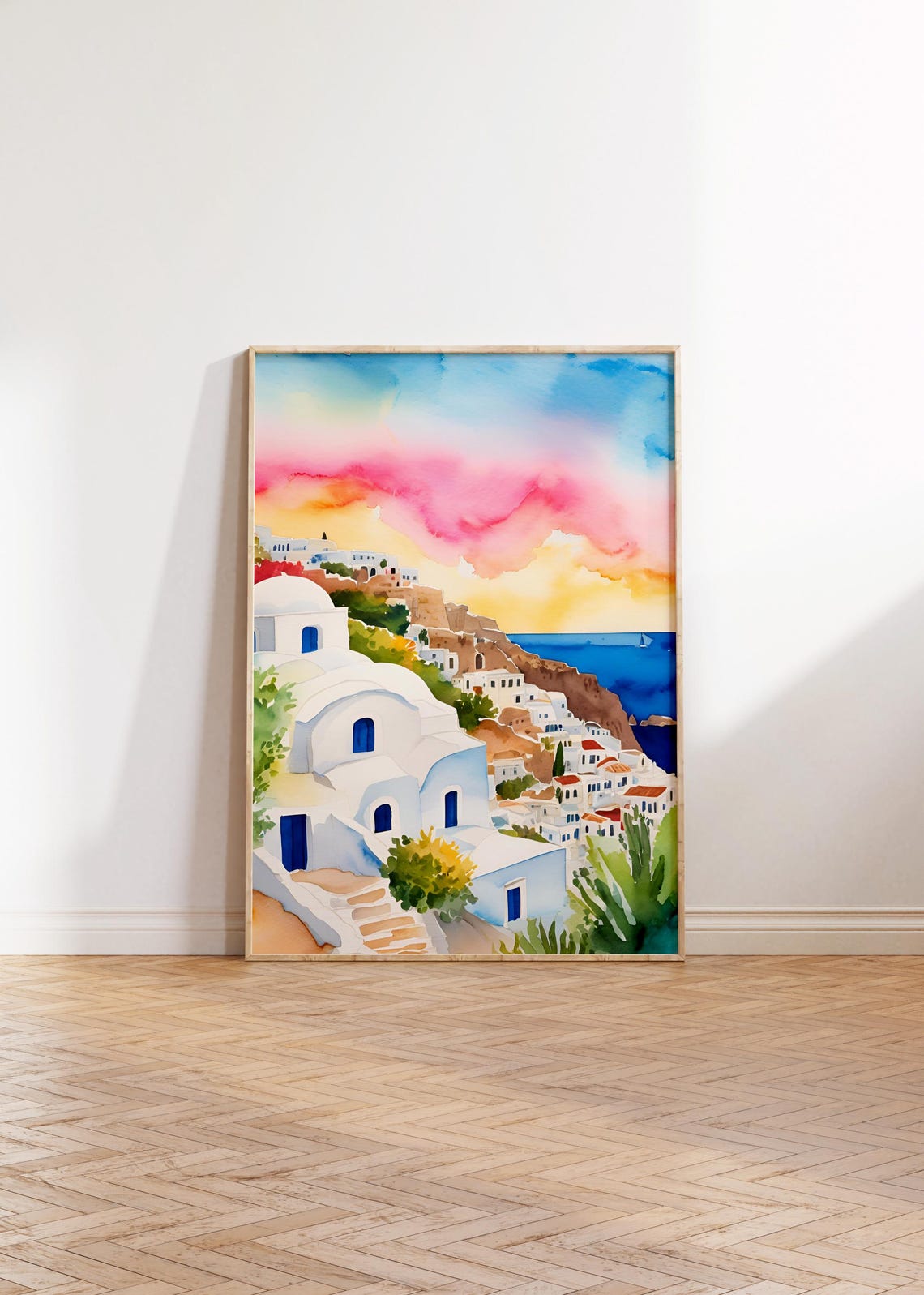 Greek Cliffside White Village Pink Sunset Watercolor Art Print - Image 3
