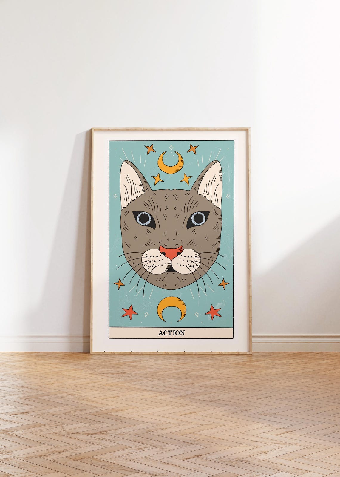 Action Tarot Card Art with Mystical Cat and Celestial Moons Poster - Image 3