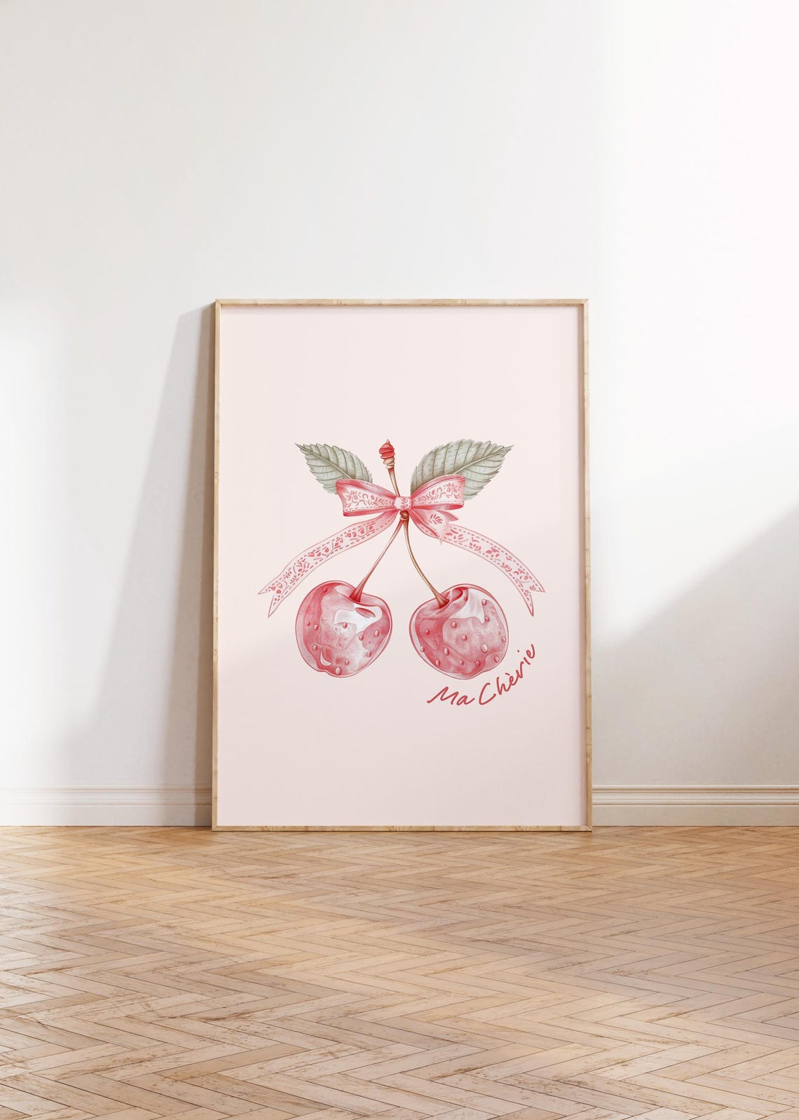Ma Cherie Cherries Pink Bow Coquette Illustration Decorative Wall Art - Image 3