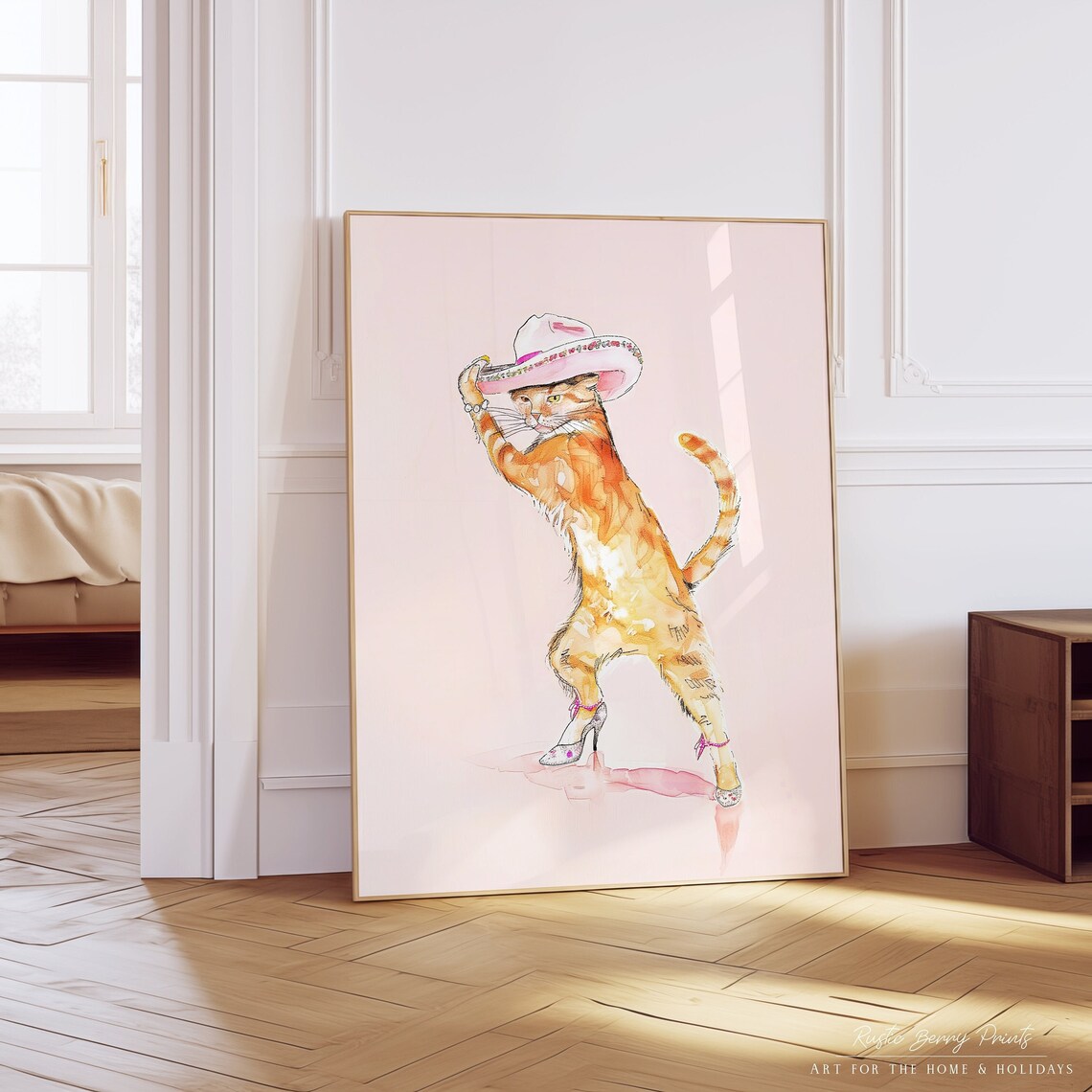 Dancing Ginger Cat In Cowgirl Hat And Heels Pink Fun Western Wall Art